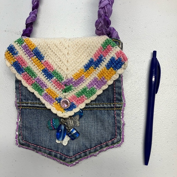 Handmade Upcycled Denim Crossbody Purse, Faded Blue Denim, Bling, Woven Strap - Picture 7 of 7